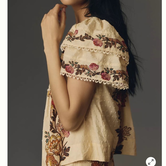 FARM RIO‎ Anthropologie Sand Leopard Flowers Short-Sleeve Blouse Small - Picture 1 of 9
